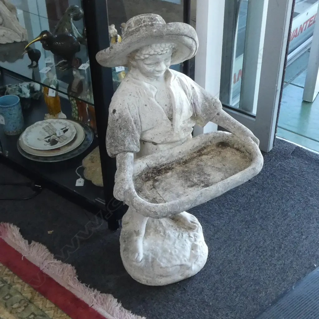 VINTAGE CONCRETE GARDEN BIRDBATH STATUE man holding tray H.750mm. Image 1++