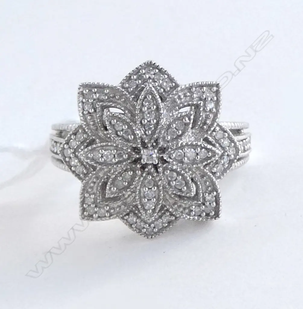 SILVER ART NOUVEAU STYLE RING SET w DIAMONDS SIZE N Image 1++