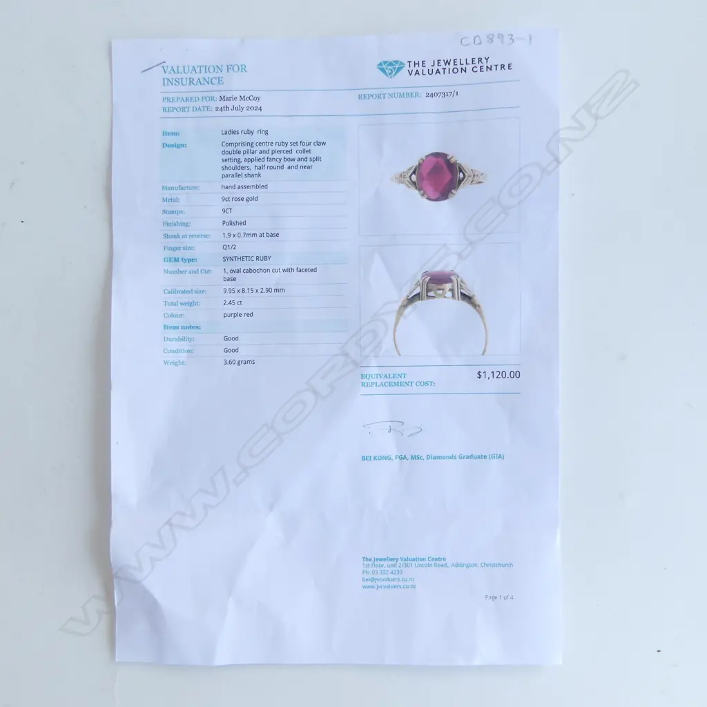 9CT ROSE GOLD AND SYNTHETIC RUBY RING (VALUATION)  3.60gm SIZE P Image 1++