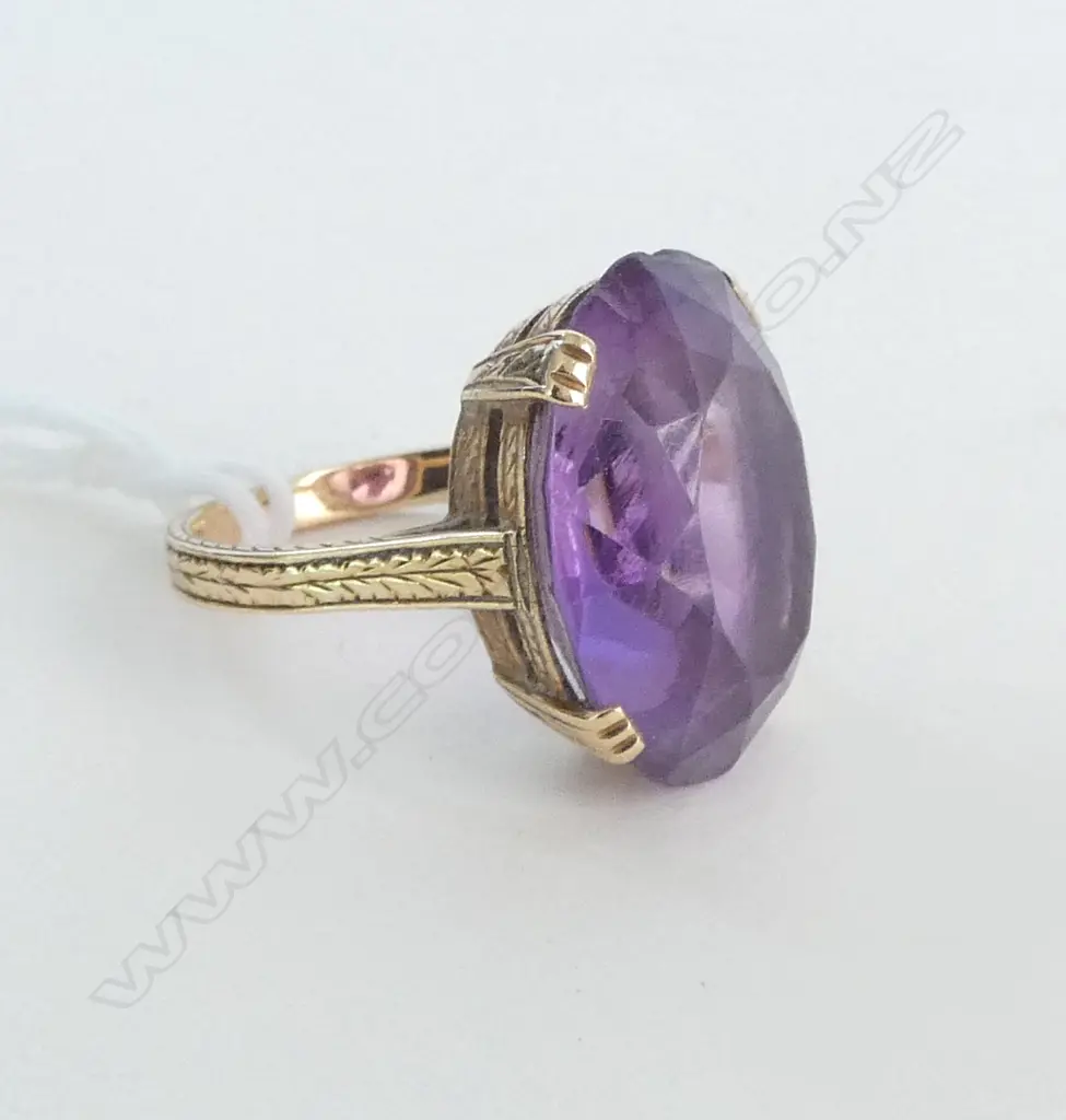14CT GOLD AND LARGE (20x15 mm) AMETHYST RING  with lovely engraving on  gold SIZE L1/2 chips to one edge Image 1++