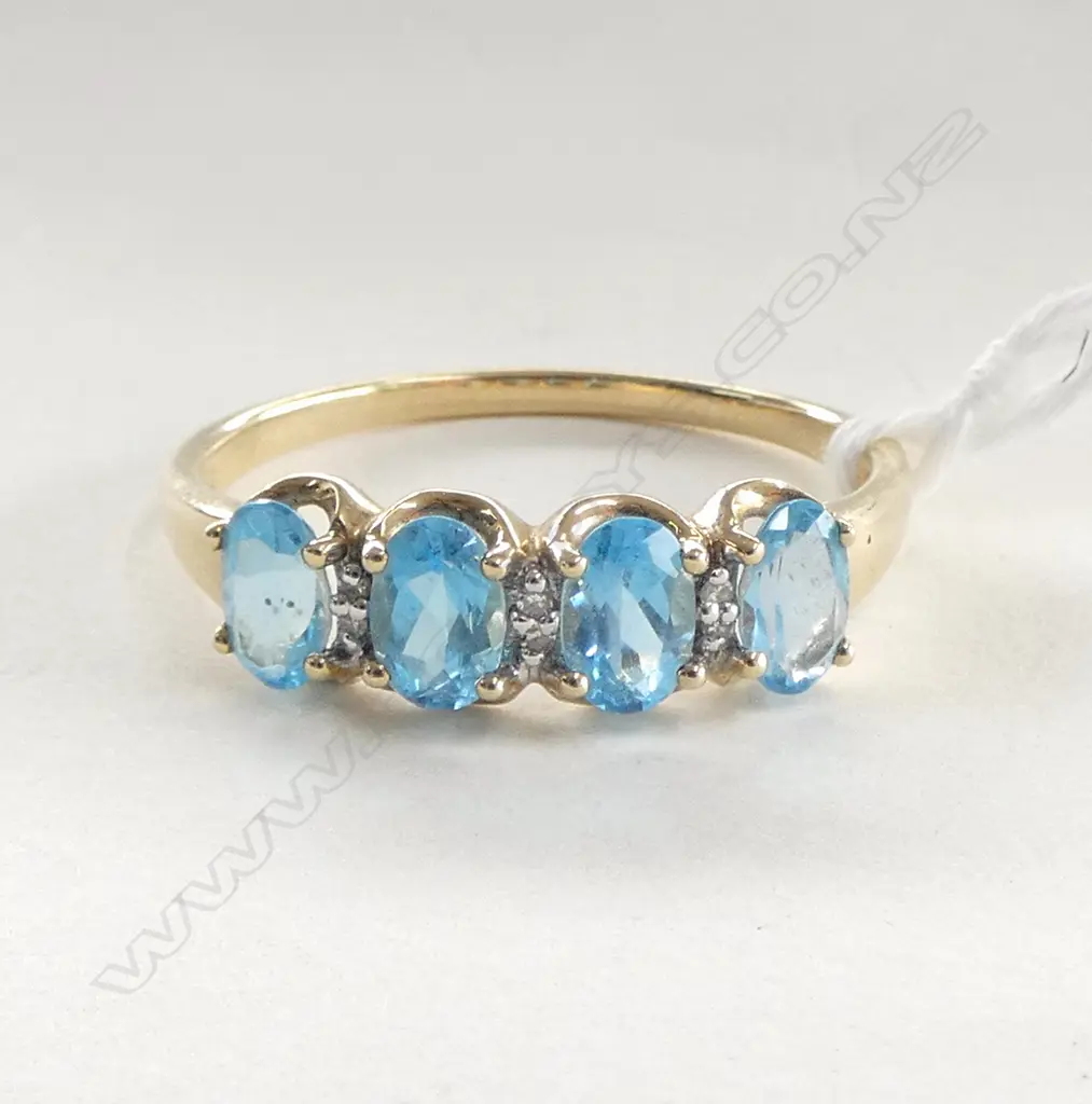9ct GOLD 4 BLUE TOPAZ & DIAMOND RING  size Z 3gms Image 1++