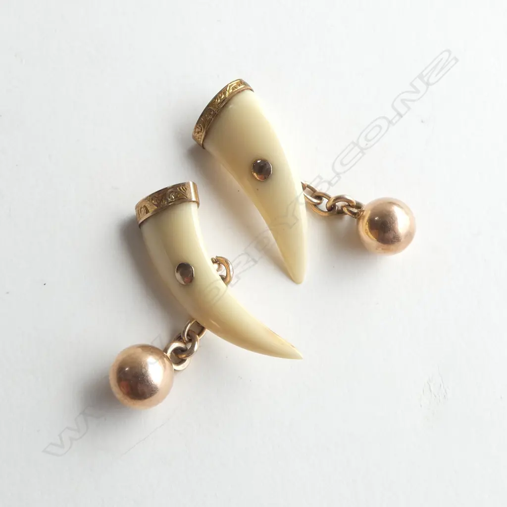 pr c1900 9ct ROSE GOLD & ANIMAL TEETH CUFFLINKS engraved & w ball ends 5.3gms Image 1++