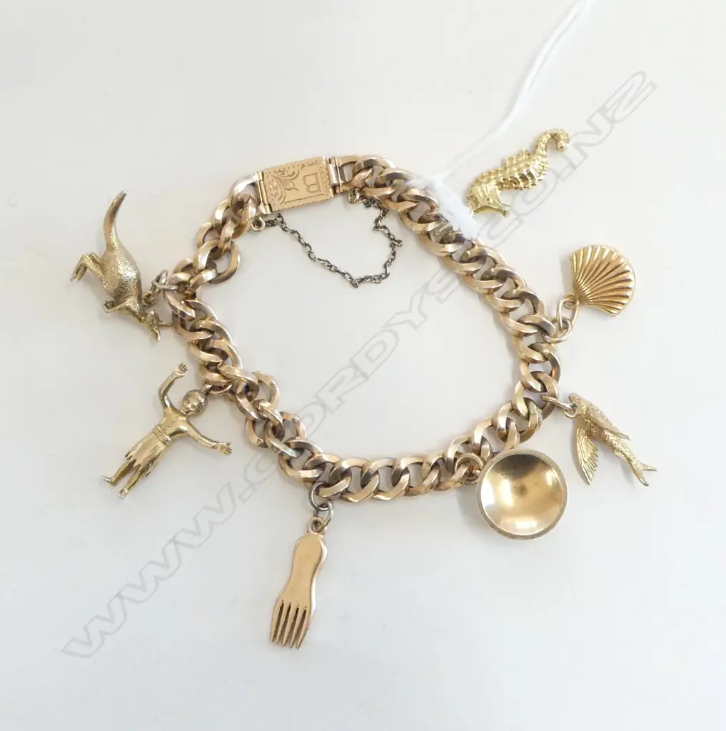 9CT GOLD CHARM BRACELET WITH 8 9CT GOLD CHARMS 21.82gm Image 1++