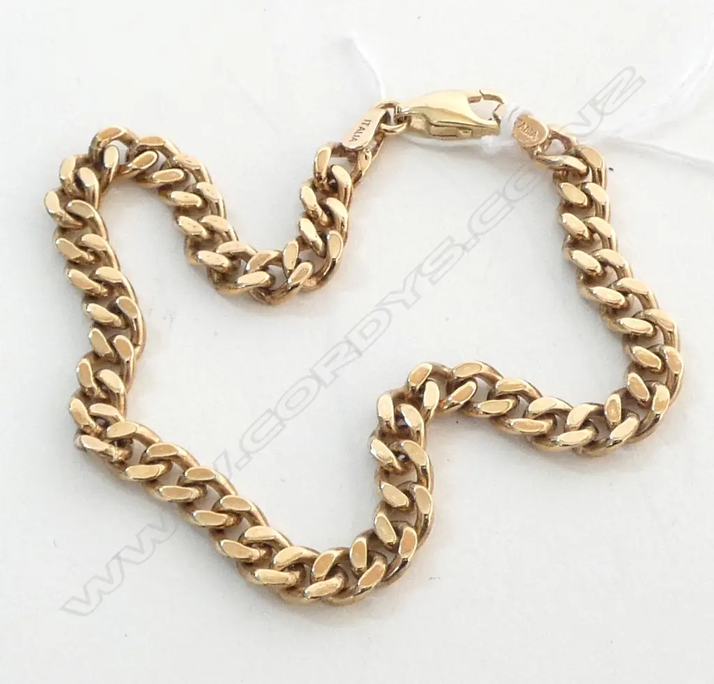 9ct GOLD CURB LINK BRACELET with parrot clasp. (Made in NZ) 21CM LONG 12.2 GMS Links are in good condition Image 1++