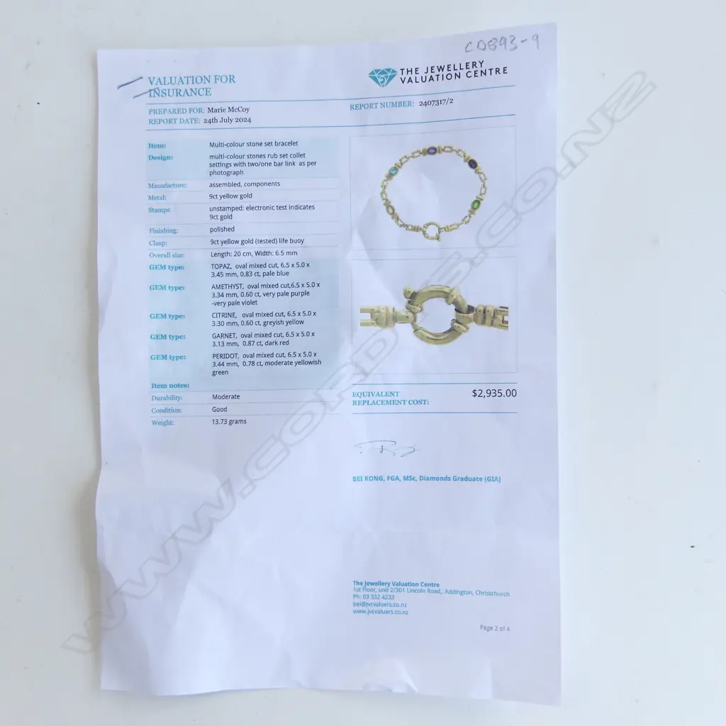 9CT GOLD AND MULTI-STONE BRACELET (VALUATION) 13.73gm Image 1++