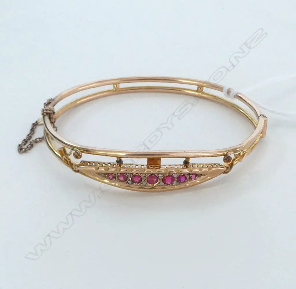 EDWARDIAN 9ct ROSE GOLD PINK STONE & DIAMOND HINGED BANGLE small repair required 8gms Image 1++