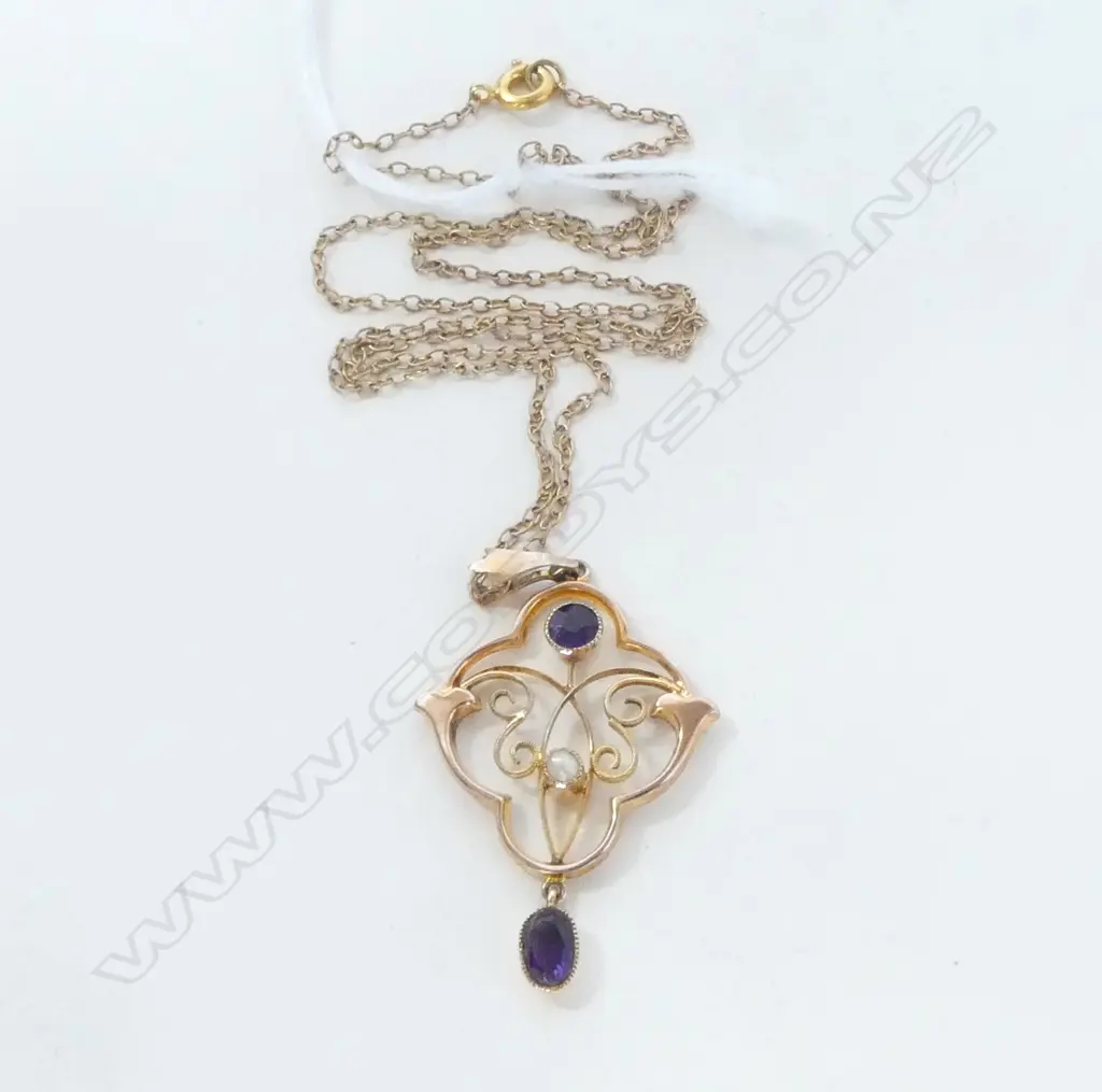 EDWARDIAN 9ct GOLD SEED PEARL & AMETHYST PENDANT 1.7gms on plated? chain Image 1++