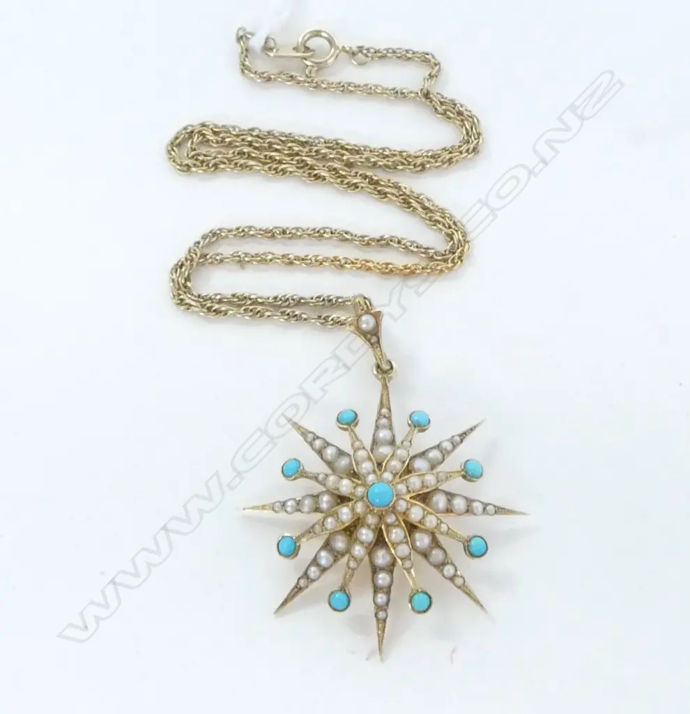 EDWARDIAN 15ct YELLOW GOLD SEED PEARL & TURQUOISE STAR BURST PENDANT 4.8gms on plated chain Image 1++