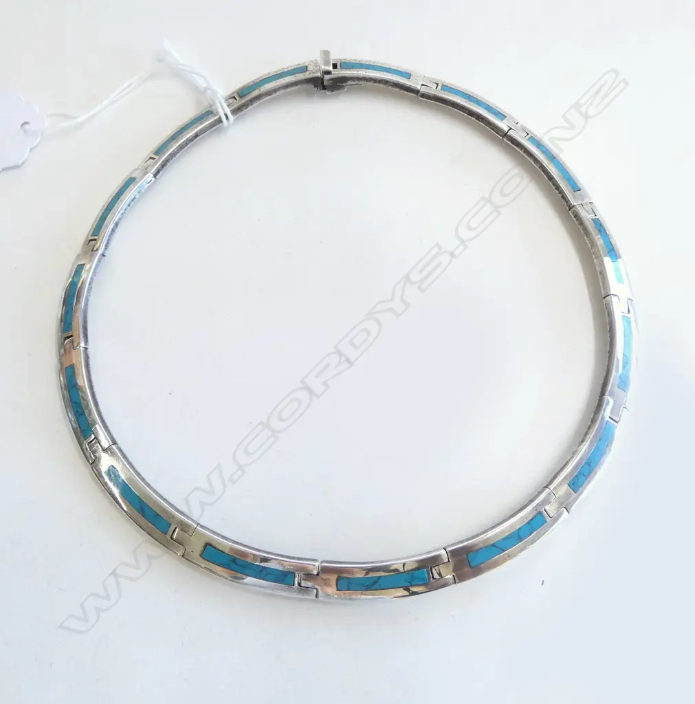 MEXICAN SILVER & TURQUOISE CHOKER NECKLACE Image 1++