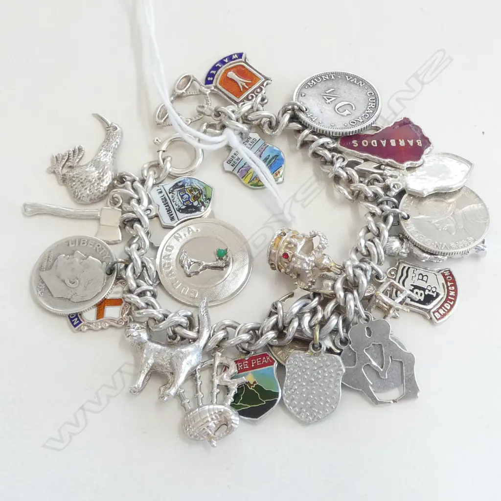VINTAGE SILVER CHARM BRACELET some enamelled 60gms Image 1++