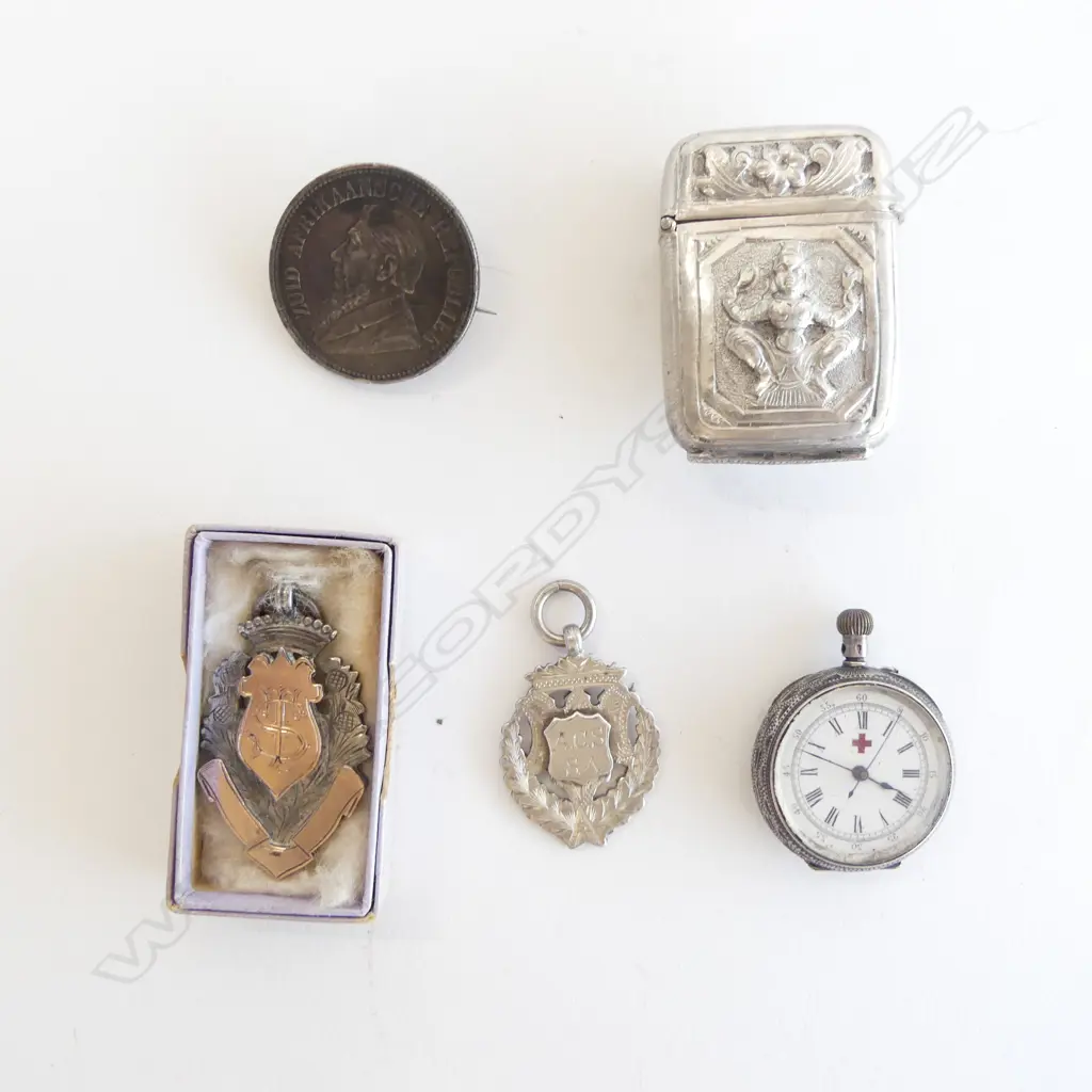 SMALL S/SILVER POCKET WATCH 2 S/SILVER MEDALS VESTA BOX & MOUNTED S/AFRICAN COIN Image 1++