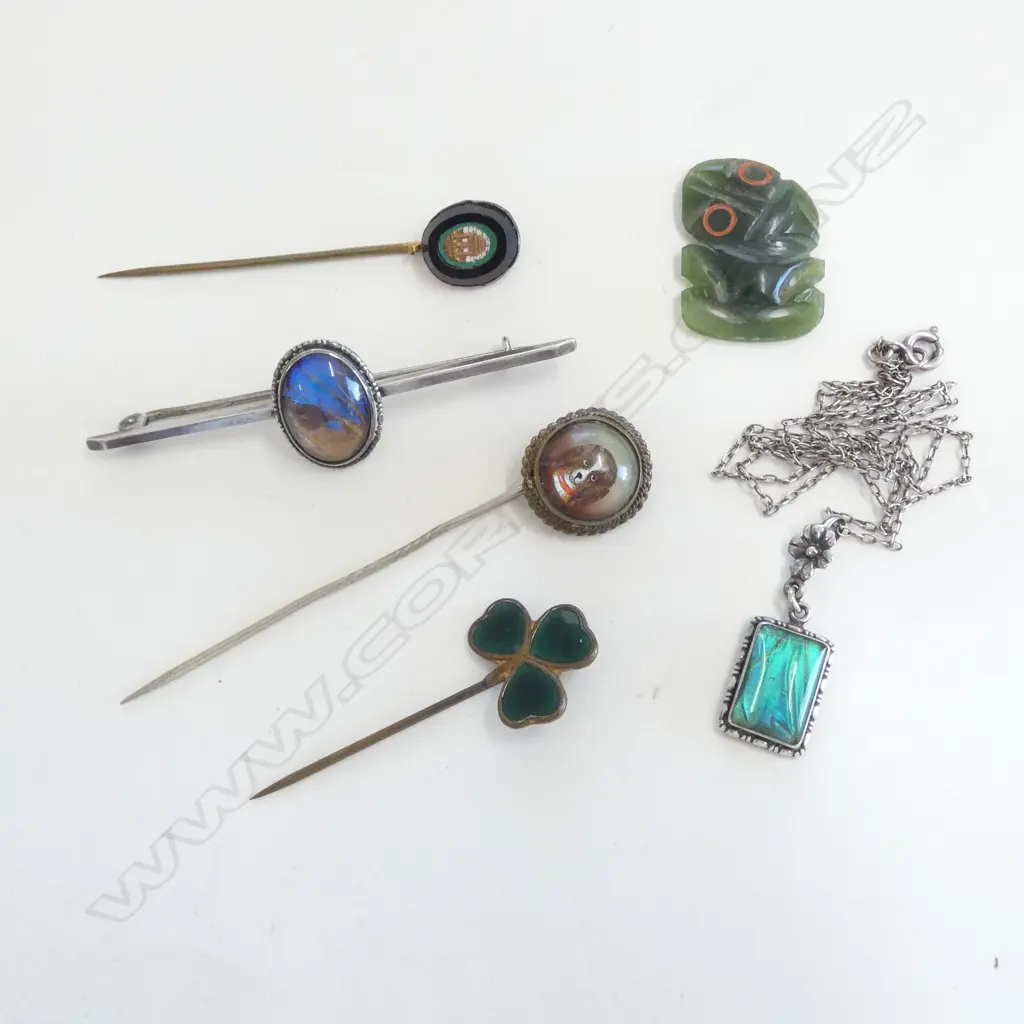 6 PCES JEWELLERY; 3 PINS, BROOCH, NECKLACE & TIKI Image 1++