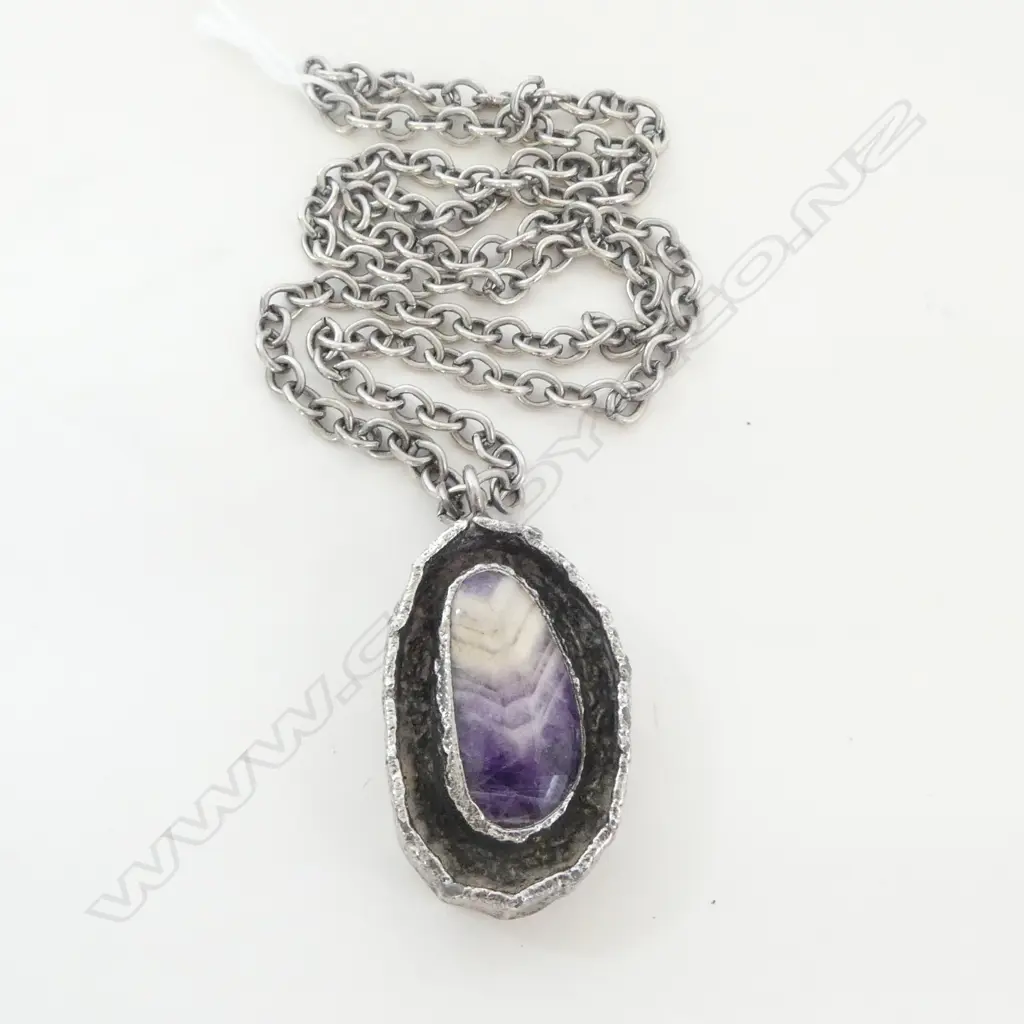 Stylish 1970's Jacob Hull Denmark Chunky Silver & Amethyst B + D Statement Necklace on silver chain. The pendant signed. Image 1++