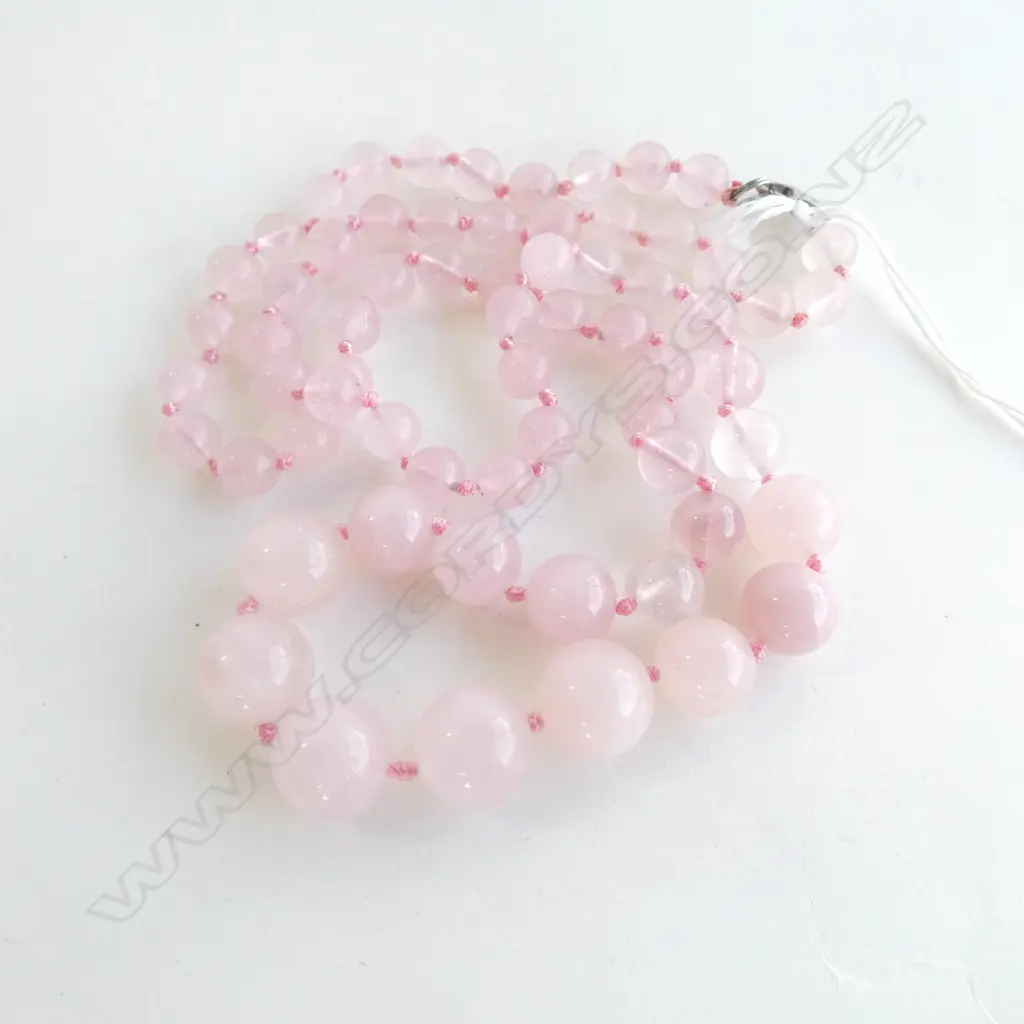 ROSE QUARTZ NECKLACE, INDIVIDUALLY KNOTTED GRADUATED BEADS, L.700mm Image 1++