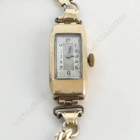 SWISS ART DECO 9ct GOLD LADIES WATCH running plated strap