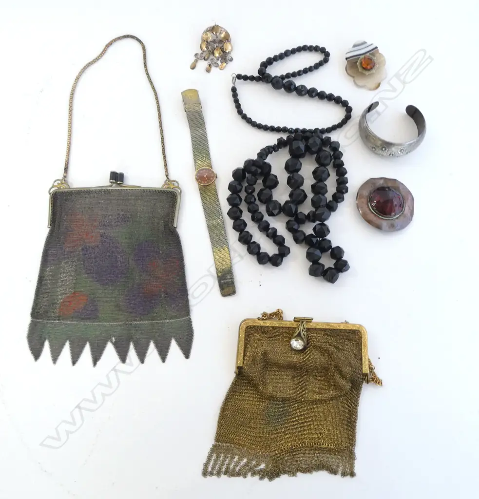 VINTAGE ITEMS; 2 MESH BAGS, 2 CUT JET NECKLACES, 3 BROOCHES & SILVER CUFF + TISSO WATCH Image 1++