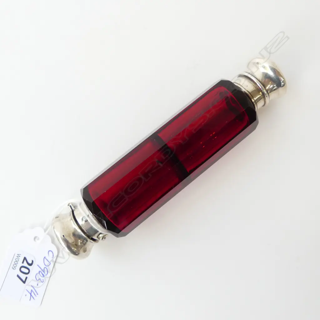VICTORIAN RUBY GLASS & SILVER DBLE ENDED SCENT BOTTLE facetted unmarked L.125mm Image 1++