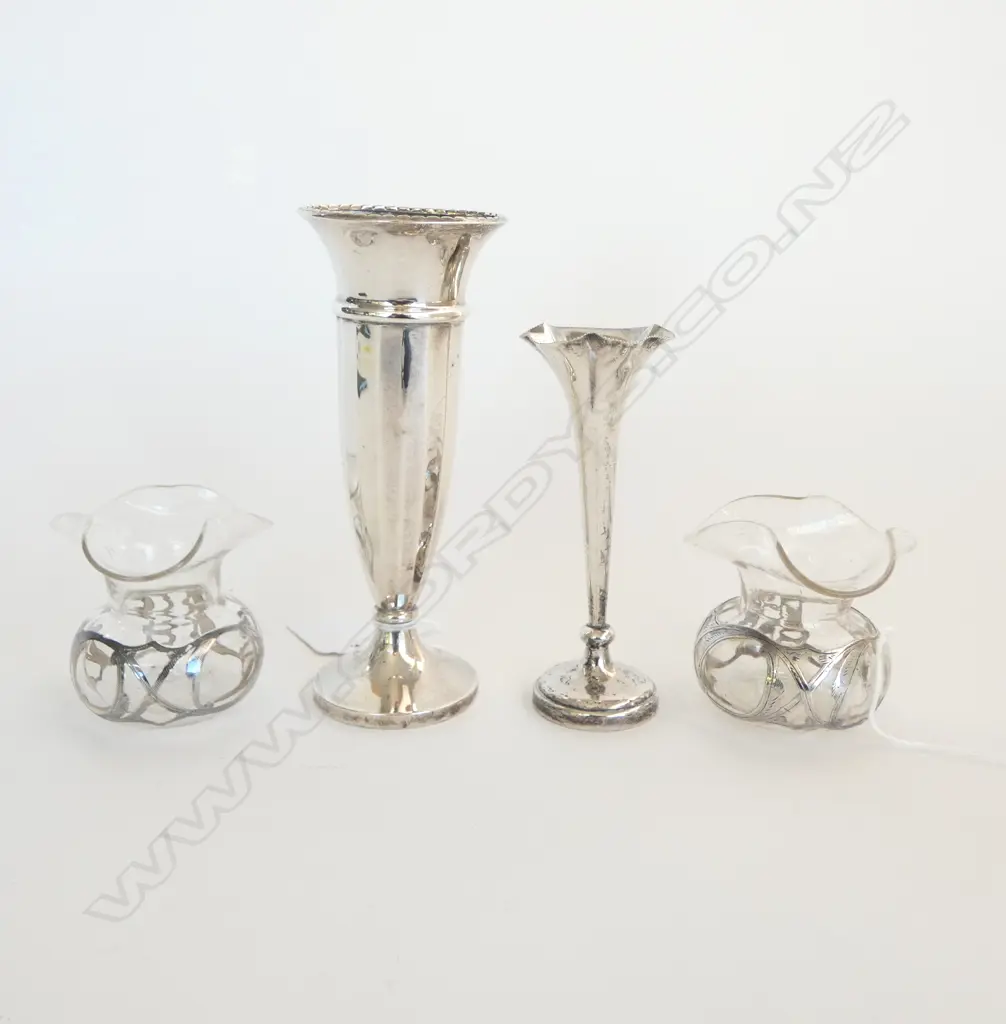 2 S/SILVER WEIGHTED SPECIMAN VASES H140 & 100MM WITH PR SILVER OVERLAY SMALL VASES H60MM Image 1++
