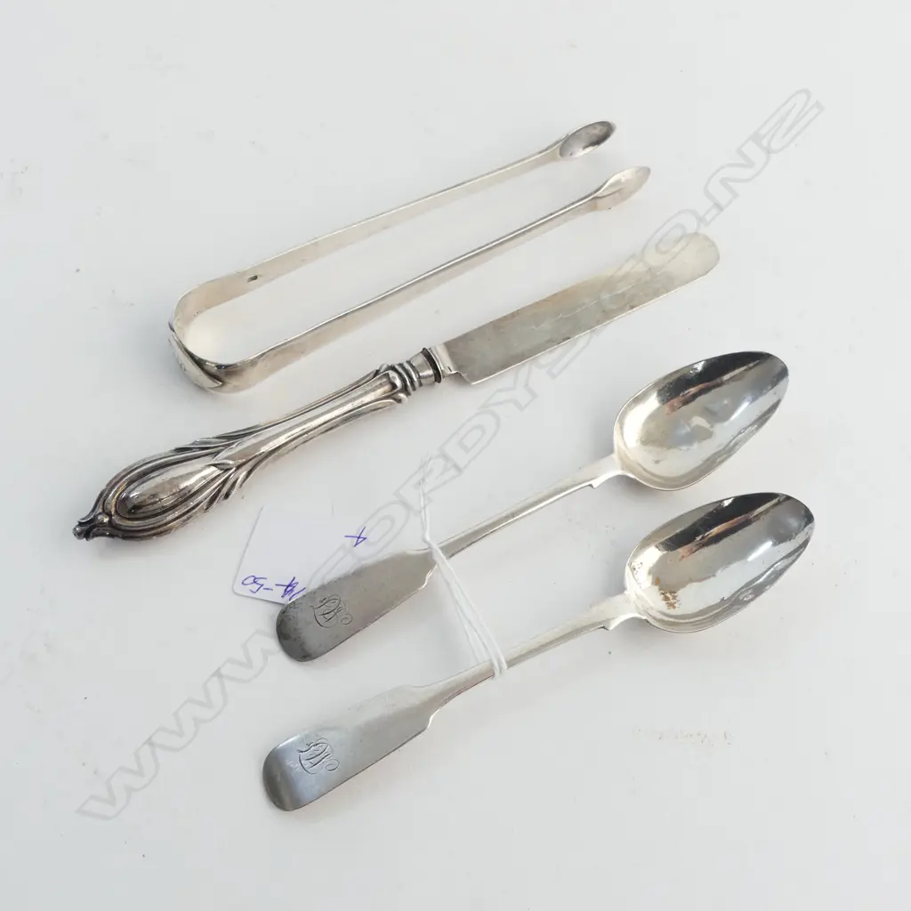 PR SILVER FIDDLE PATTERN TEASPOONS, GLASGOW 1854, TABLE KNIFE, BIRM.1865 & PR EARLY SUGAR TONGS 114gm Image 1++