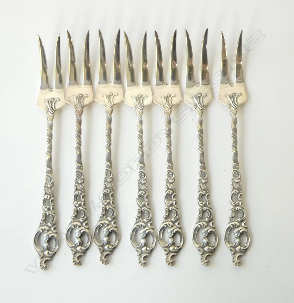 7 ORNATE NORWEGIAN COCKTAIL FORKS Image 1++