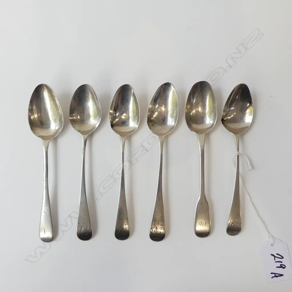 6 REGENCY SILVER TEASPOONS, LONDON 1804-1827  8.2gm (1 marks worn away) Image 1++