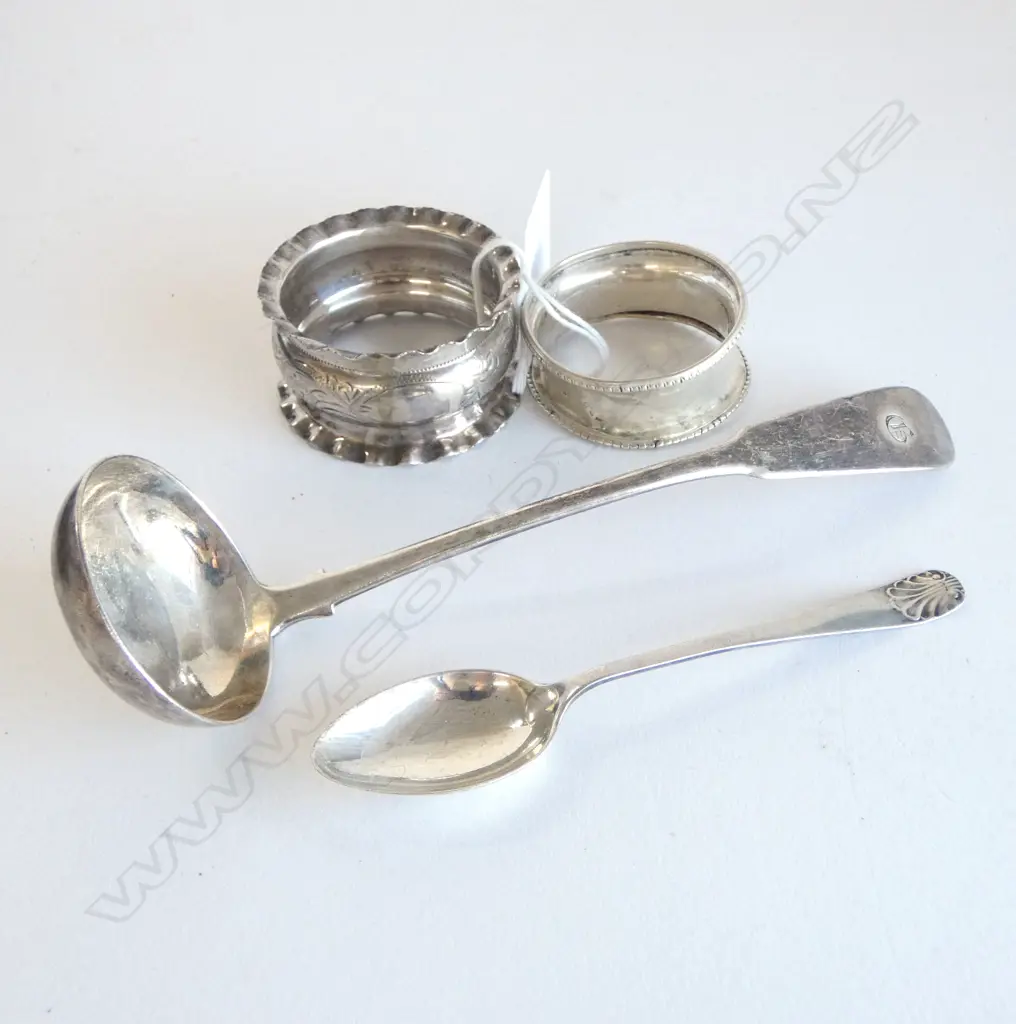SCOTTISH SILVER SAUCE LADLE Glasgow 1821 + SPOON + 2 NAPKIN RINGS 77gms Image 1++