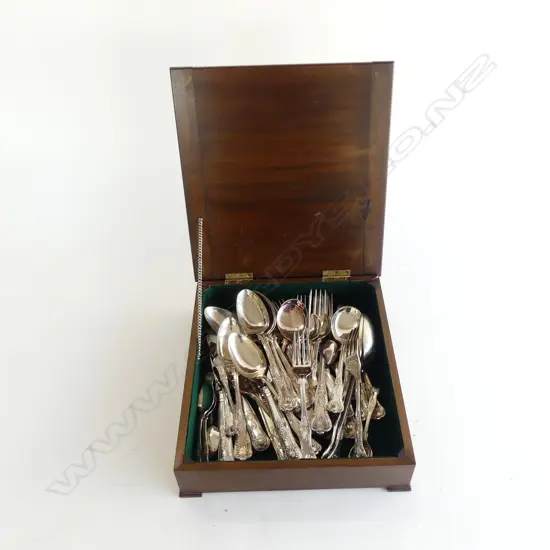 ASST. KINGS PATTERN CUTLERY IN MAHOGANY BOX