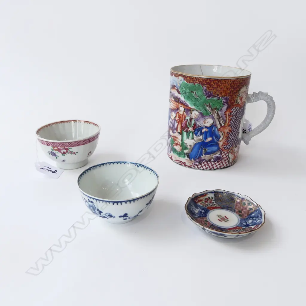 LRG CHINESE MUG, 2 PORCELAIN TEACUPS & SML DISH (mug has lrg crack & handle replaced) Image 1++