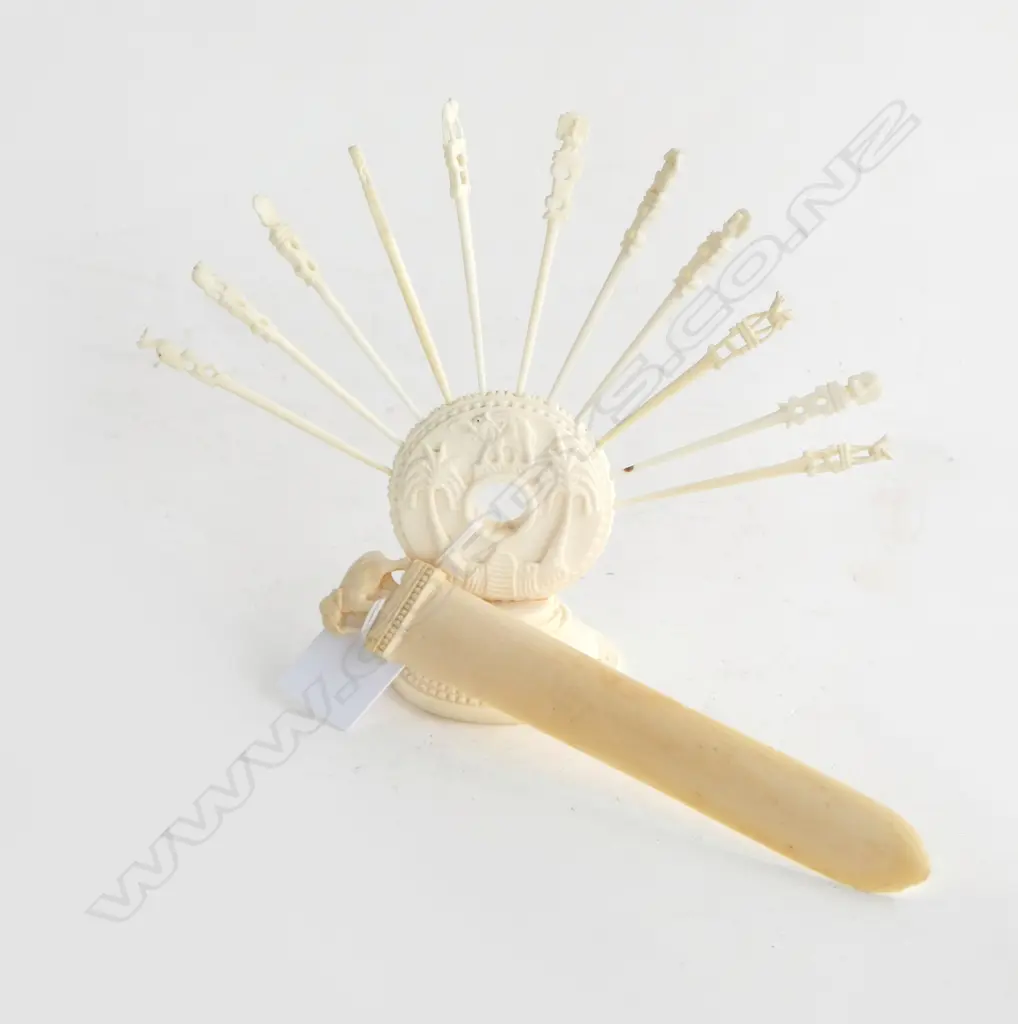 CARVED IVORY COCKTAIL SKEWER HOLDER AND PAPER KNIFE Image 1++