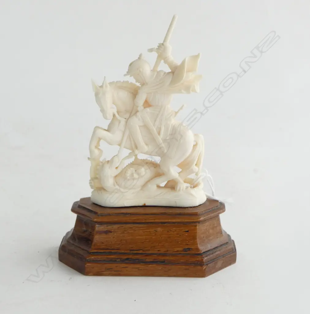 IVORY ST. GEORGE AND THE DRAGON ON WOOD STAND H.120mm small fault to head piece Image 1++