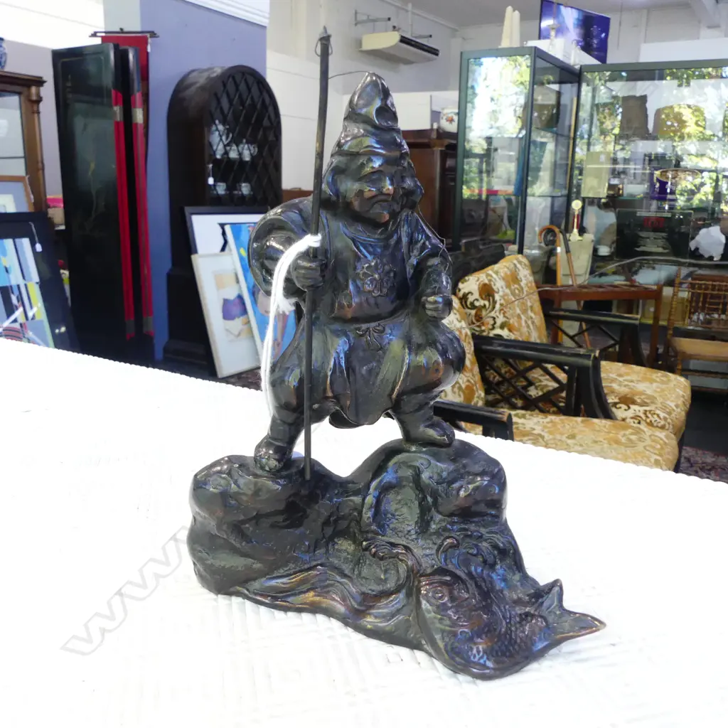 JAPANESE BRONZE FISHERMAN, STAMPED SIGNATURE H155mm Image 1++