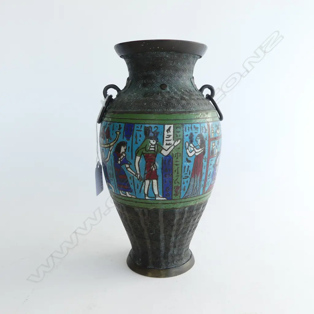 BRONZE VASE w. EGYPTIAN STYLE ENAMEL H.245mm Image 1++