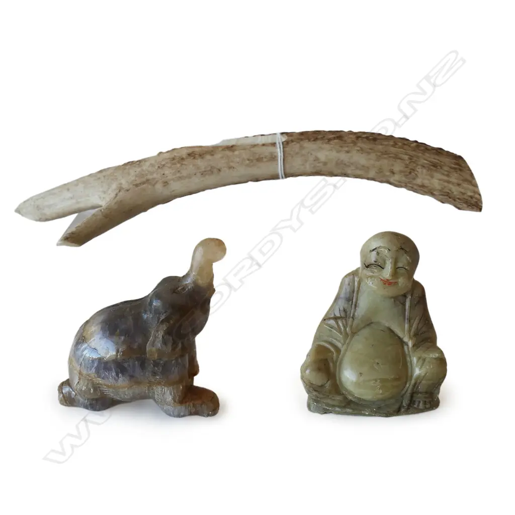 3 PCS: PART-ANTLER (L.235mm); QUARTZ ELEPHANT & SOAPSTONE BUDDHA, H.70 & 75mm Image 1++