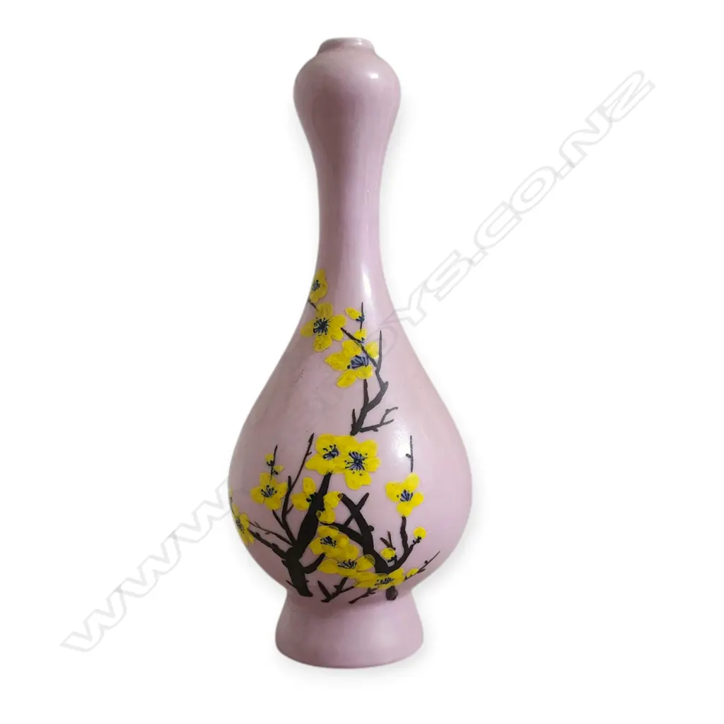 PINK GARLIC HEAD CHINESE VASE - HAND PAINTED CHERRY BLOSSOM TREE - 150x60mm Image 1++