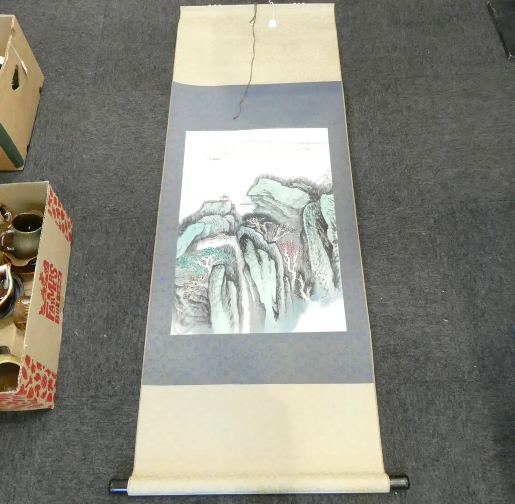 HANDPAINTED CHINESE HANGING SCROLL, LANDSCAPE, SIGNED, BOXED, 440 x 665mm Image 1++