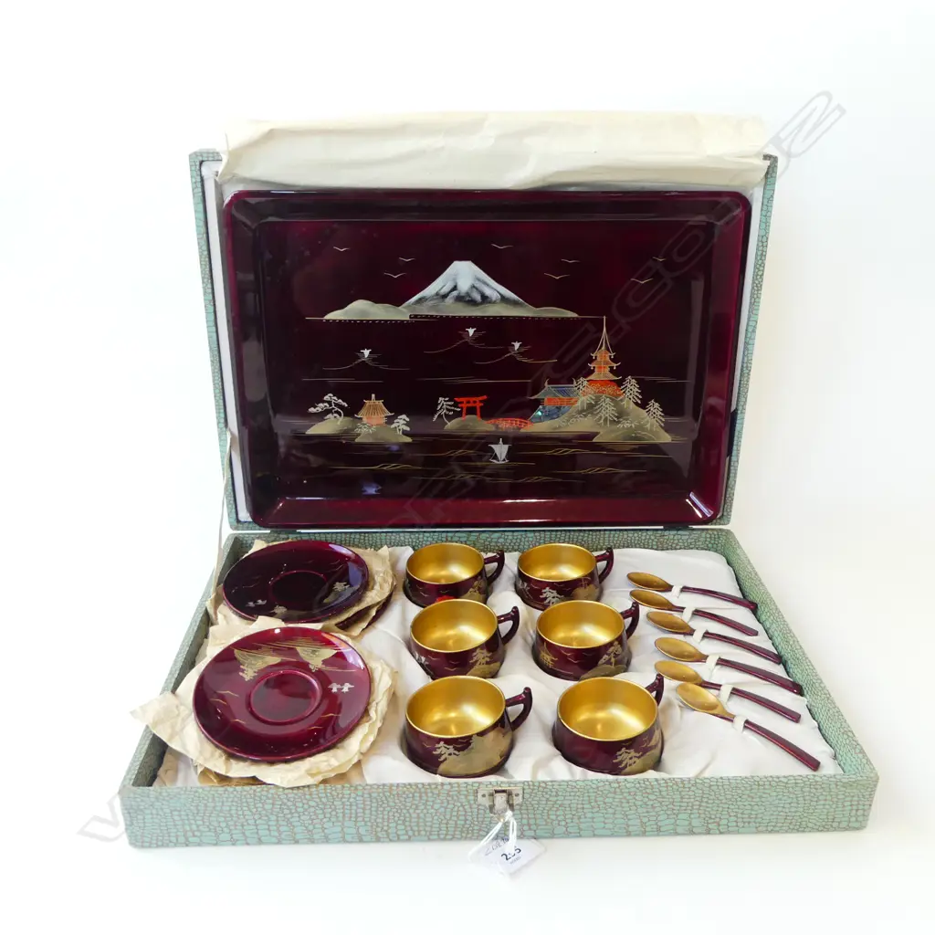 VINTAGE JAPANESE LACQUERED TEASET & TRAY unused in original box Image 1++