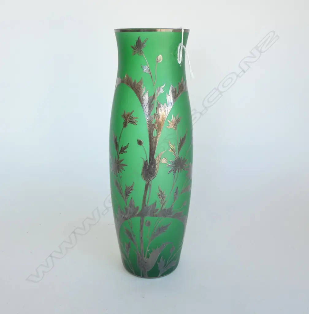 EARLY 20thC GREEN GLASS SILVER OVERLAY TALL VASE H.325mm Image 1++