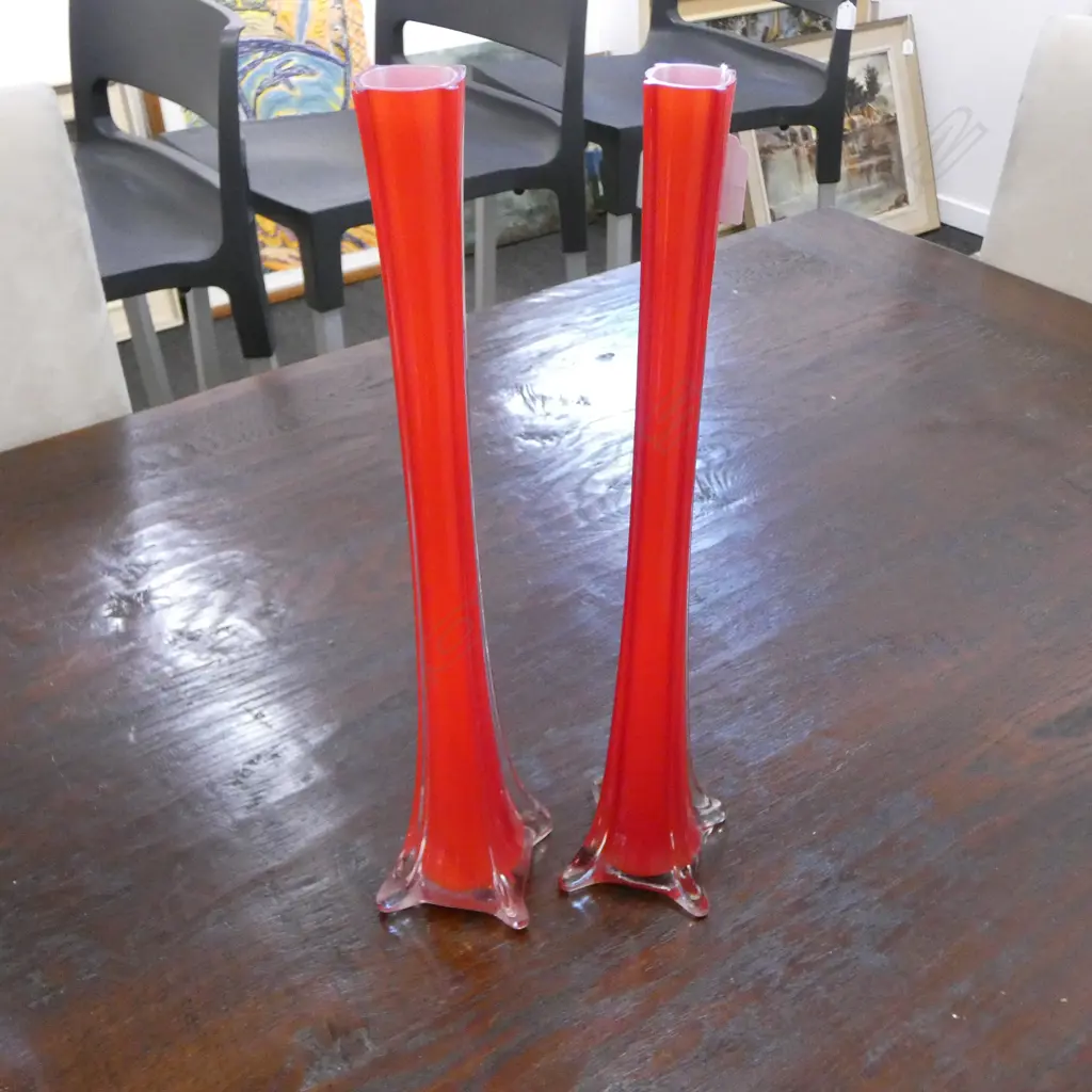 PAIR MID CENTURY TALL RED GLASS VASES, H.400MM Image 1++