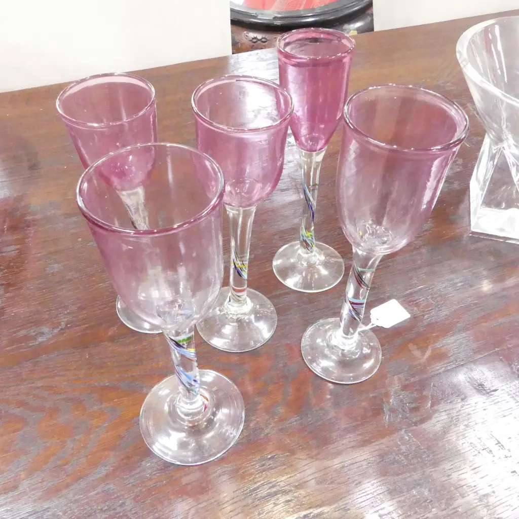 SET 5 PETER VISNEK ART GLASS GOBLET GLASSES 2 signed & dated '87 tallest 240mm Image 1++
