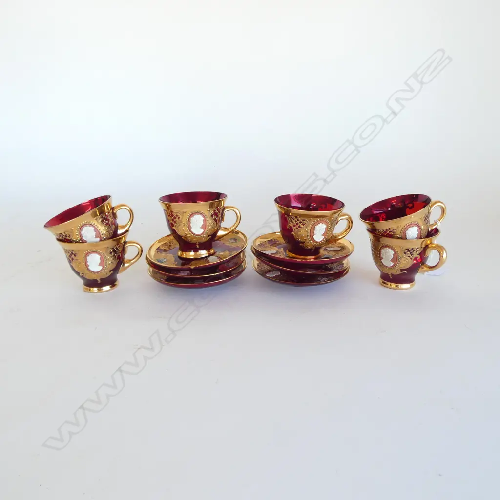 6 BOHEMIAN  RUBY GLASS C/SAUCERS  CAMEO  PORTRAITS  Image 1++