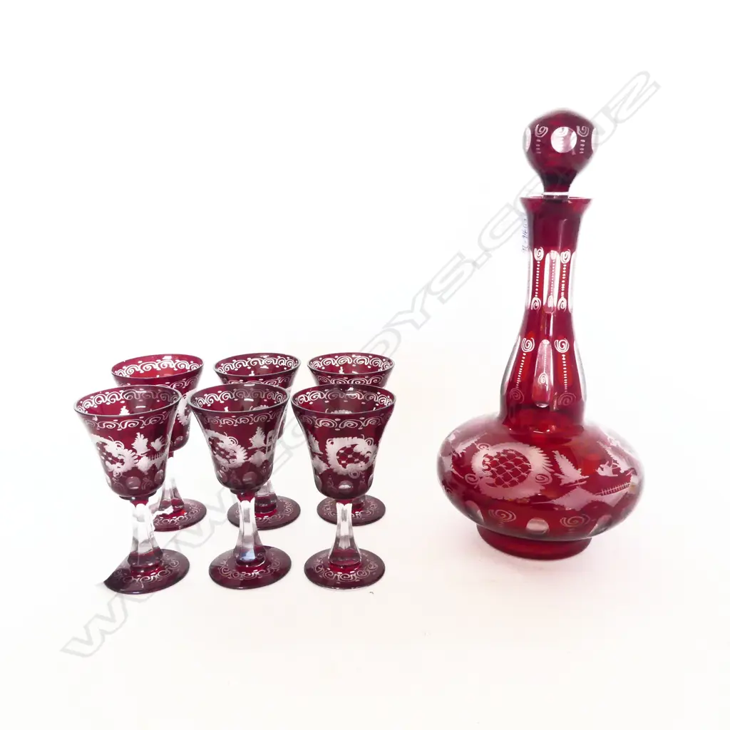 OLD BOHEMIAN ENGRAVED RUBY FLASHED DECANTER  6 STEMMED WINE GLASS SET  Image 1++