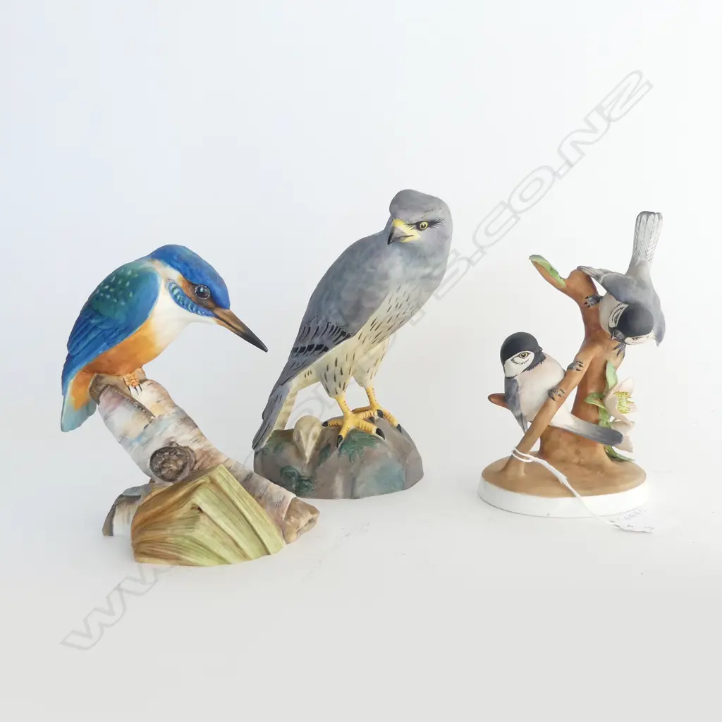 3 PORCELAIN BIRDS; SPODE HARRIER H.180mm, ASHMOR KINGFISHER, CROWN STAFFORDSHIRE 'CHICKADEE' leaf chipped  Image 1++