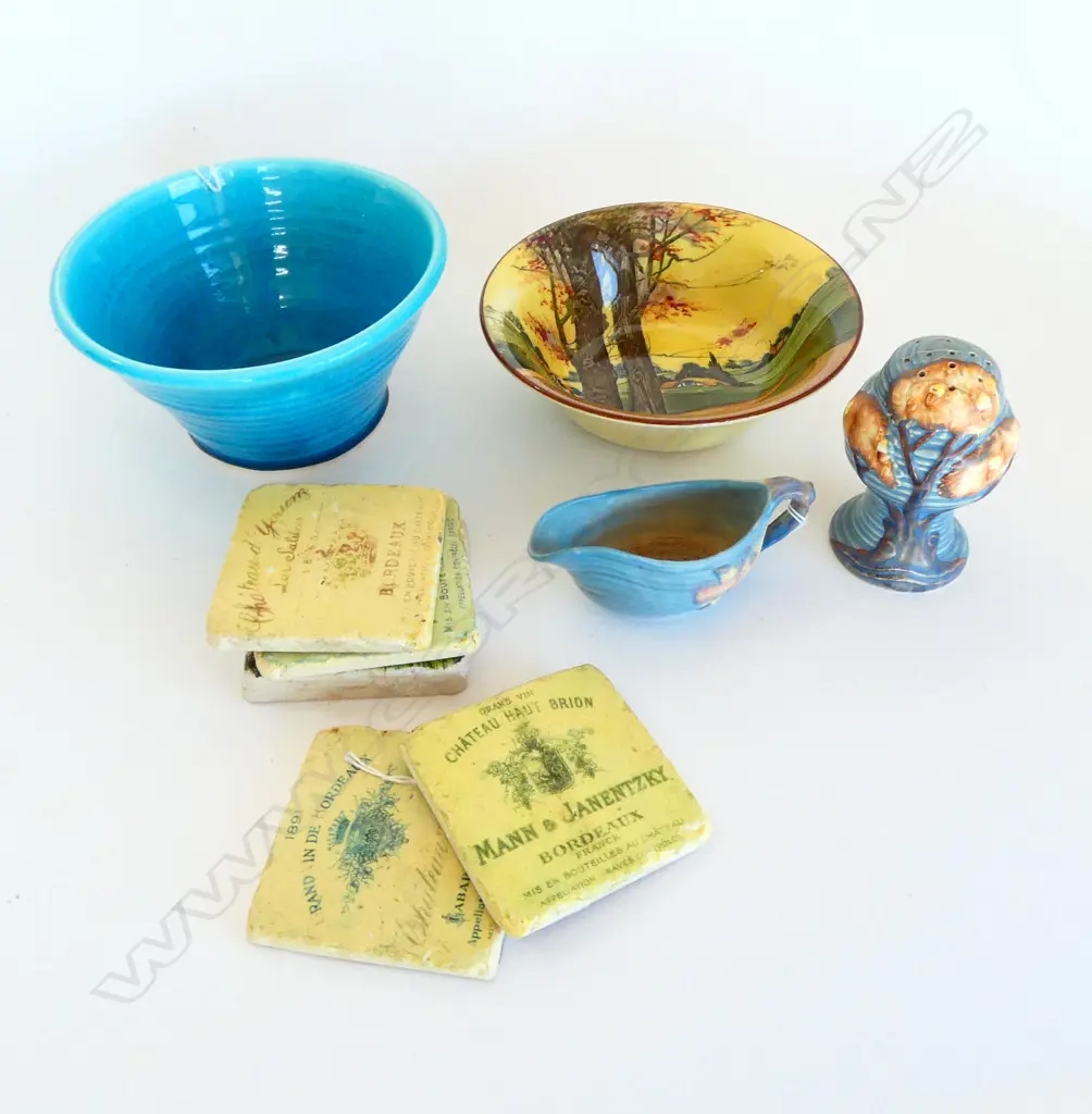 TONY SLY BOWL, H.100mm, R/DOULTON WOODLAND BOWL, 2 PC CARLTONWARE (crack) &  6 STONE WINE COASTERS w French wine labels, Image 1++