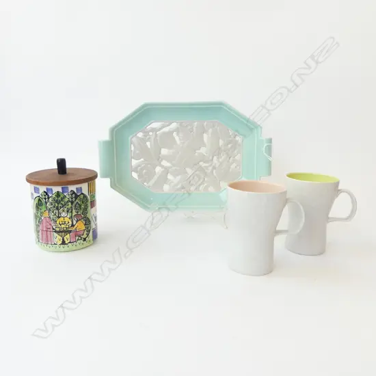 POOLE CHINA SERVING DISH L290MM 2 POOLE MUGS & SWEDISH LIDDED JAR H130MM