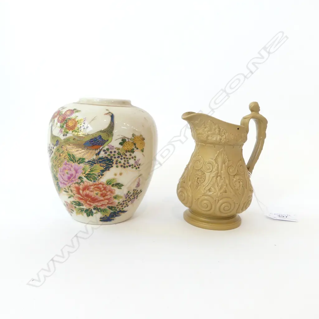 VICTORIAN RELIEF MOULDED JUG + SATSUMA VASE H.130mm Image 1++