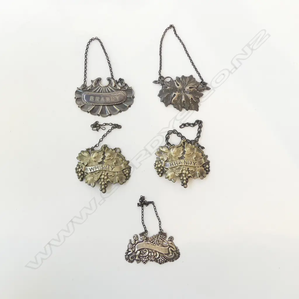 5  ANTIQUE SILVER PLATE SPIRIT & WINE BOTTLE TICKETS: Whiskey Brandy x2. Gin. Claret Image 1++