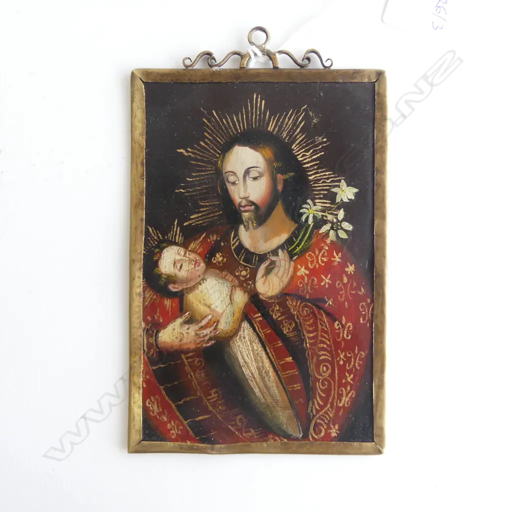 VINTAGE PERUVIAN OIL ON TIN JOSEPH & BABY JESUS 160x95mm Image 1++