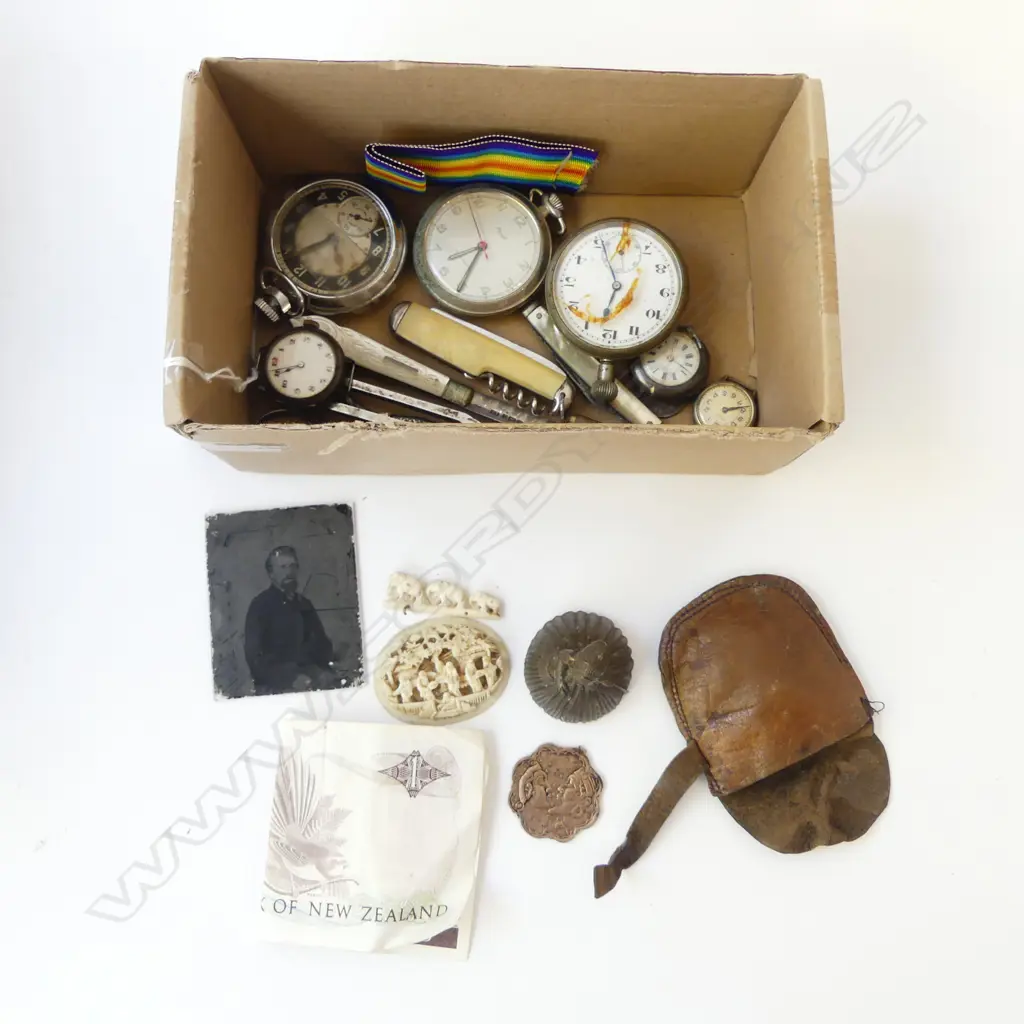 BOX POCKET & WRIST WATCHES + IVORY CARVED PLAQUE + POCKET KNIVES ETC Image 1++
