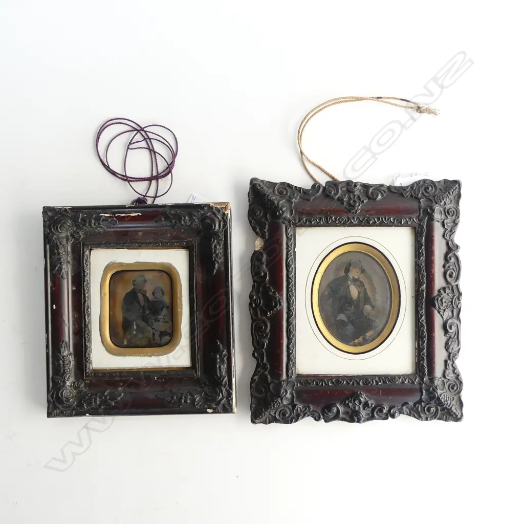 TWO ANTIQUE DAGUERREOTYPE PHOTOGRAPHS in ORNATE WOODEN FRAMES (both damaged) Image 1++