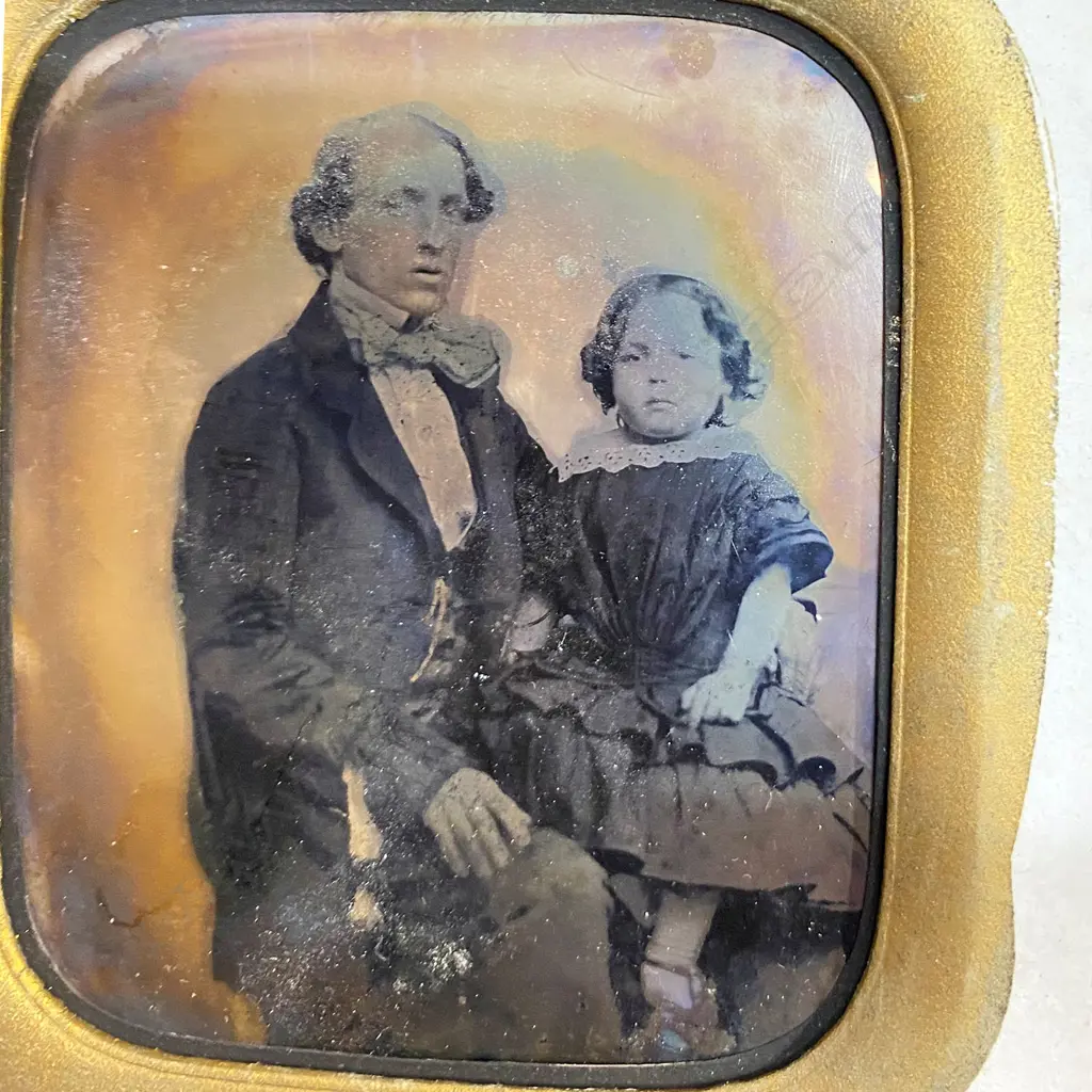 TWO ANTIQUE DAGUERREOTYPE PHOTOGRAPHS in ORNATE WOODEN FRAMES (both damaged) Image 1++